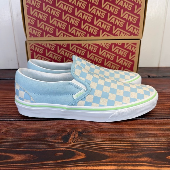 NIB Vans Classic Slip-On Checkerboard Crystal Blue White Sneakers Size 8.5 Women - Picture 5 of 8